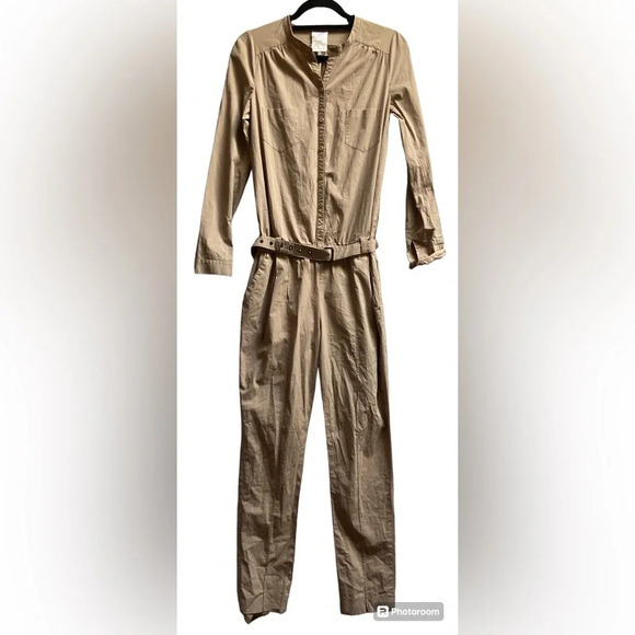 Oind beige  belted long sleeve cotton jumpsuit Sz 1 (19.5" PTP) - Picture 1 of 15